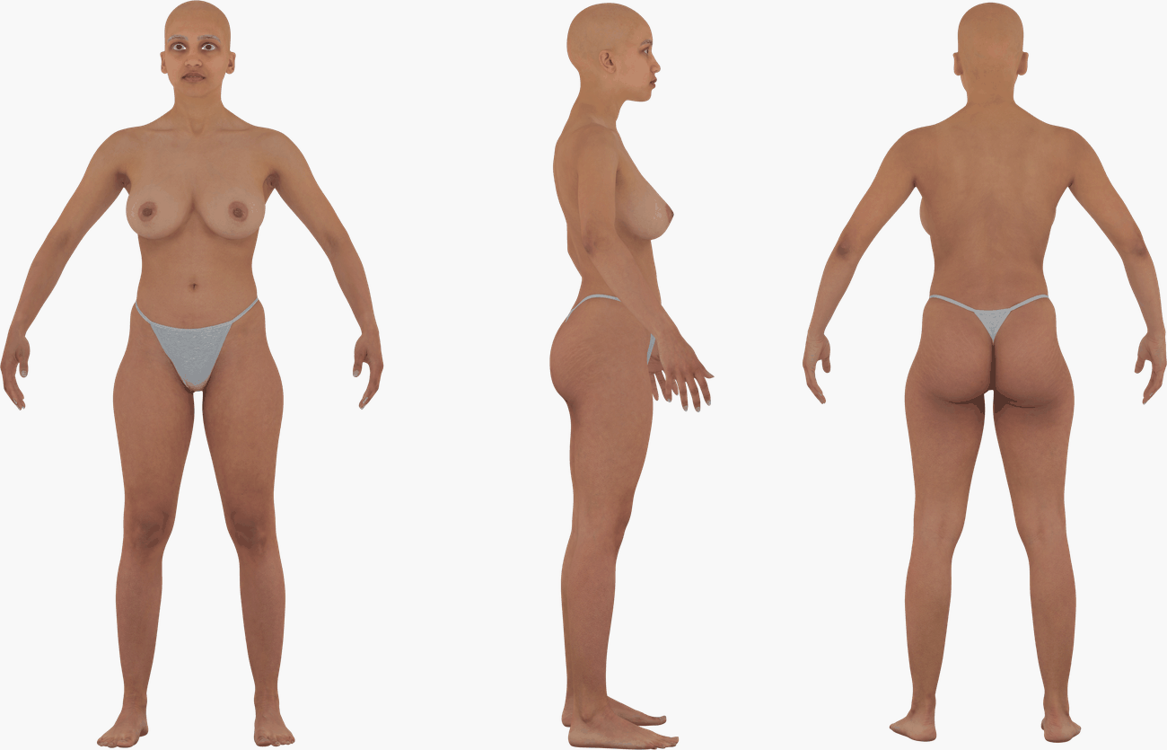 PBR texture map set for a female 3D body scan including Albedo, Normals, Specular, Metalness, and Diffuse at 16K resolution